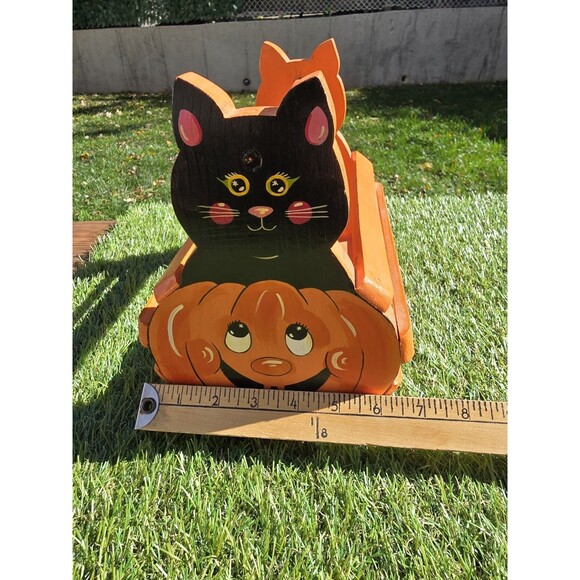 Vtg Halloween Jack O Lantern Black Cat Wooden Basket Planter Double Sided Signed - Picture 5 of 8